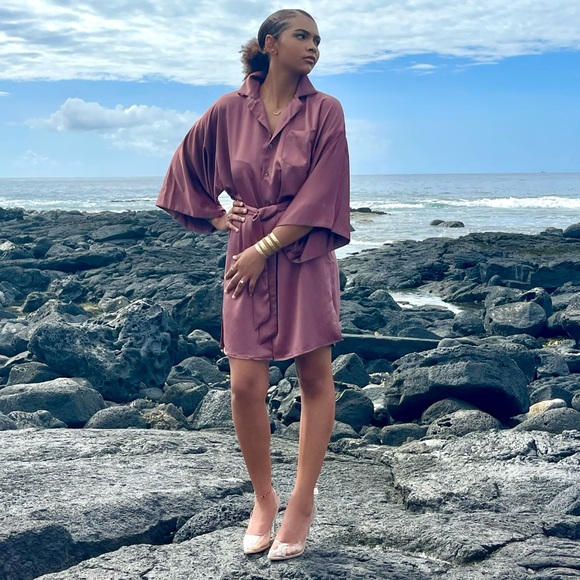 NWT The King Kouture Kimono Sleeve Plum Pink Button Down Shirt Dress Large